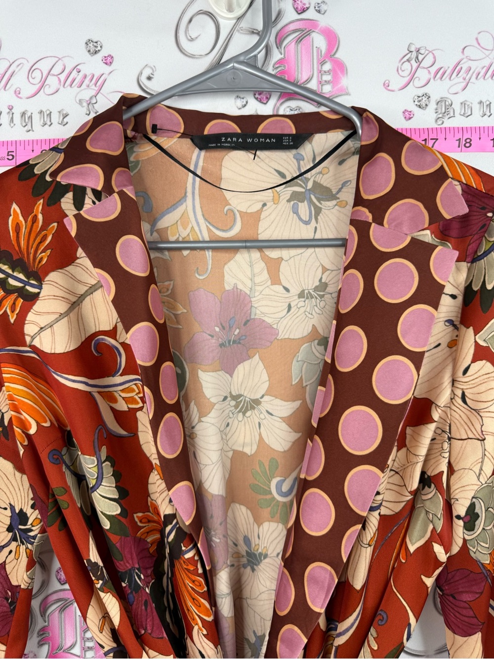 Zara shirt blouse belted tie Rust Floral Tie-Front Blouse with Pink Polka Trim - Picture 7 of 9